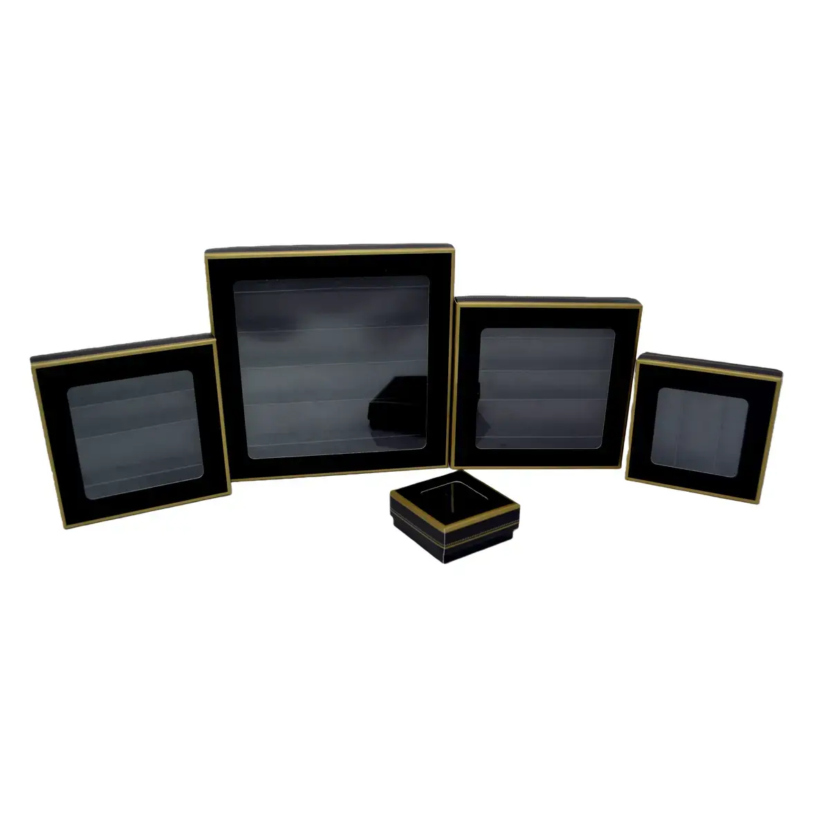 Coffret carton carré pour chocolats 5 rangées avec couvercle à fenêtre 15 x 15 x 3 cm carton 300 g/m² - Noir / Or - Lot de 10 - Ballotins chocolats vides-3