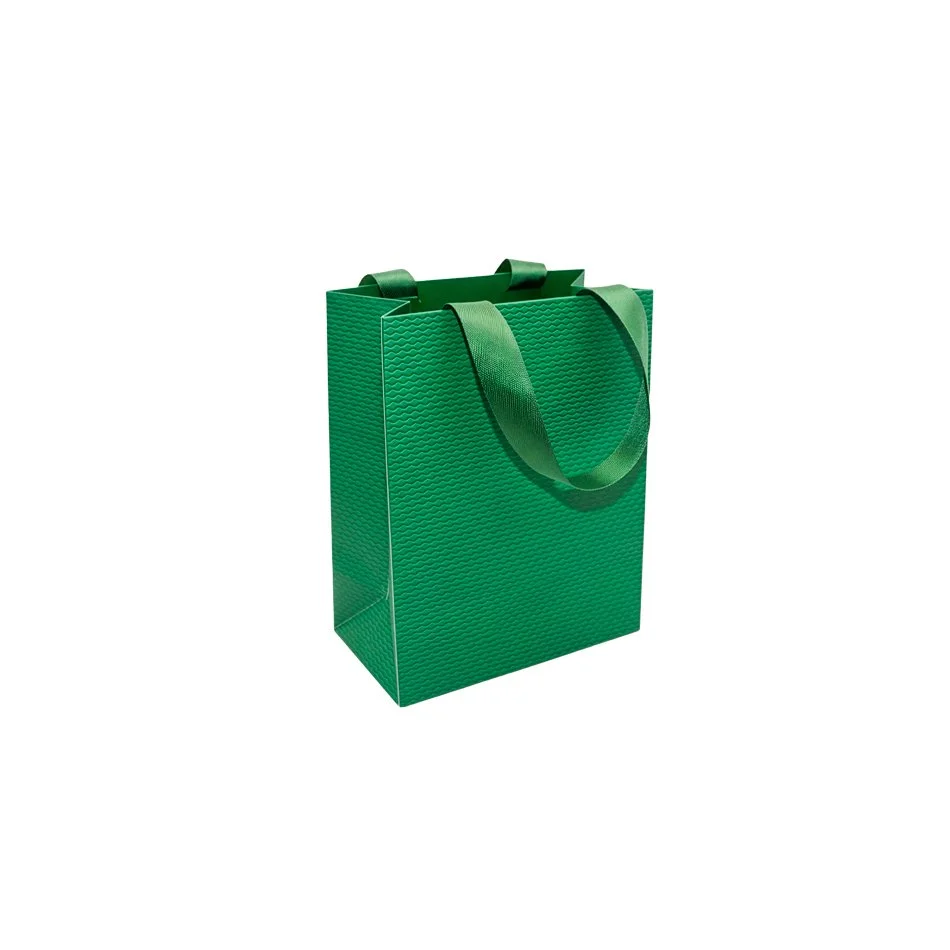 Sac papier vert gaufré poignées ruban 11,5x7x15,5cm 250g/m², paquet de 20 - Sacs pelliculés unis, poignées ruban