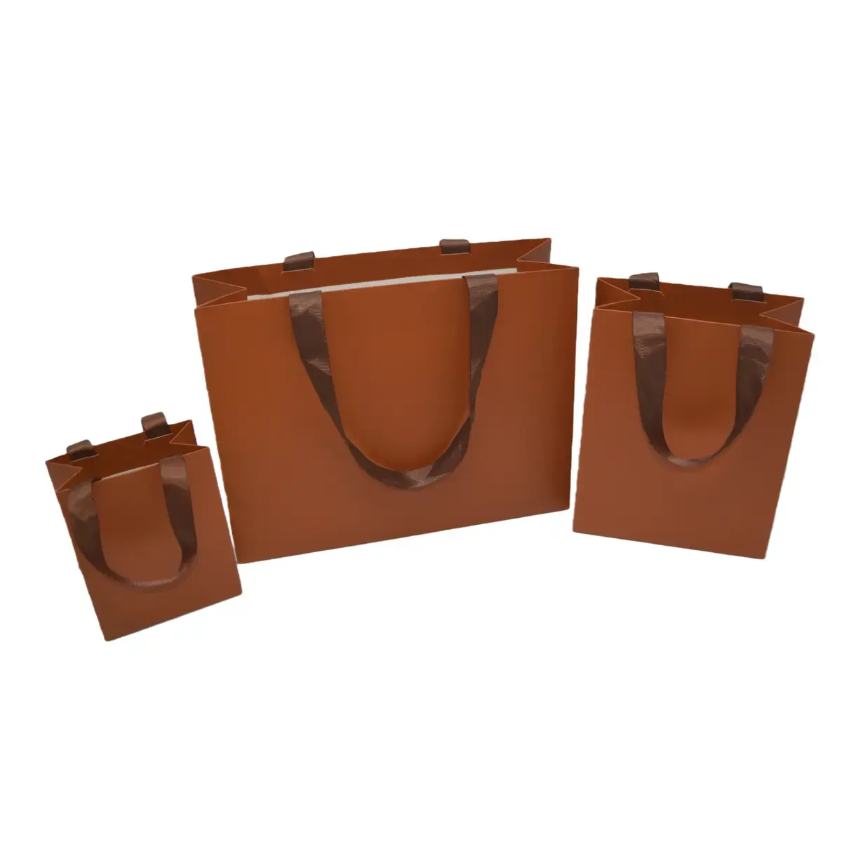 Sac papier pelliculé mat Marron avec poignées ruban 12 x 7 x 15 cm - Paquet de 20 - Sacs pelliculés unis, poignées ruban-2