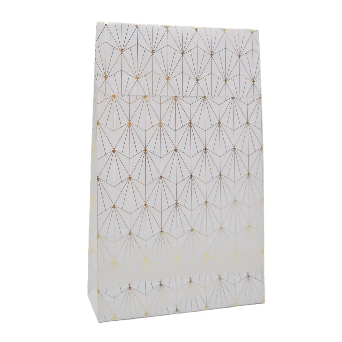 Pochette cadeau papier couché blanc à fermeture adhésive motif Art déco or 14 x 5,5 x 23 cm 180 g/m² - Paquet de 50 - Pochettes cadeaux luxe