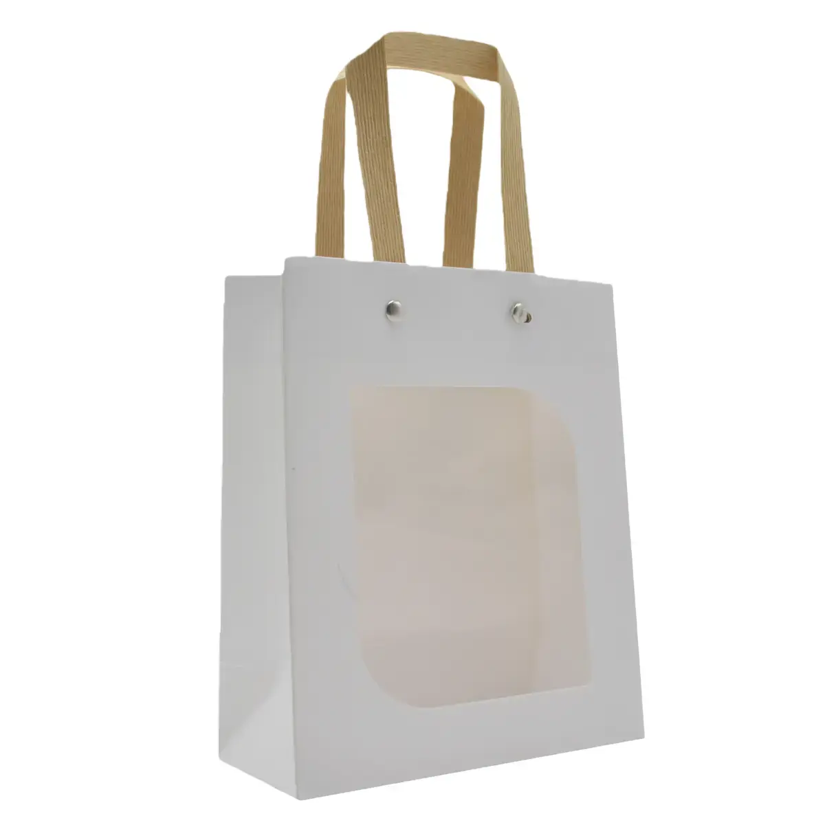 Sac kraft blanc à fenêtre et poignées plates brunes rivetées 18 + 8,5 x 24 cm – Paquet de 20 - Sacs kraft à fenêtre
