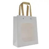 Sac kraft blanc à fenêtre et poignées plates brunes rivetées 18 + 8,5 x 24 cm – Paquet de 20 - Sacs kraft à fenêtre