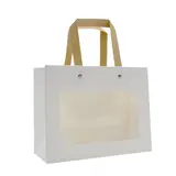 Sac kraft blanc à fenêtre et poignées plates brunes rivetées 20 + 8 x 15,5 cm – Paquet de 20 - Emballage Boutique
