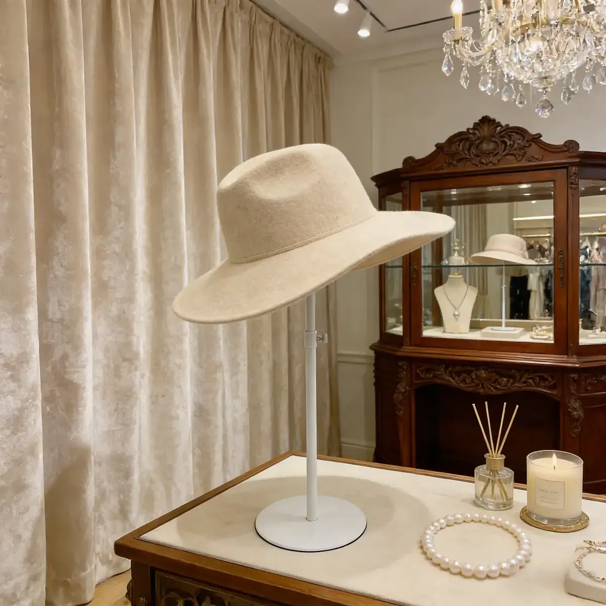 Présentoir chapeau métal blanc mat demi cercle réglable H 32 à 54 cm - Présentoir casquette - Présentoirs divers-3