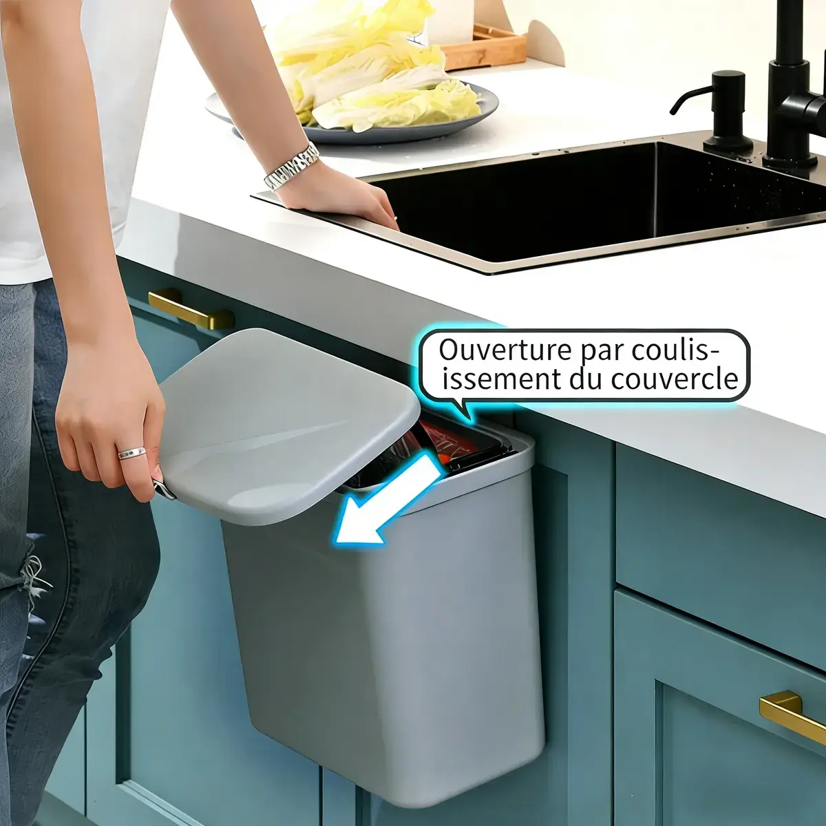 Poubelle murale à couvercle double fonction 9 L – Poubelle de comptoir - poubelle à suspendre - Gris - Poubelles professionnelles-5
