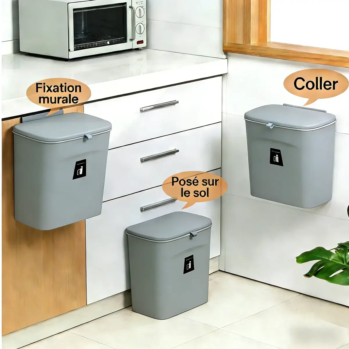 Poubelle murale à couvercle double fonction 9 L – Poubelle de comptoir - poubelle à suspendre - Gris - Poubelles professionnelles-6