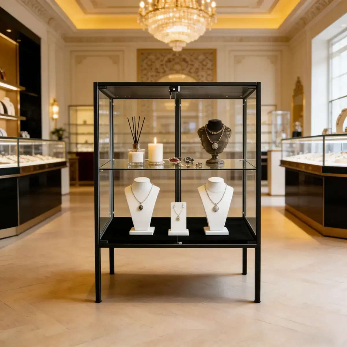 Vitrine d'exposition métal noir 1 tablette verre 80 x 40 x 105 cm – Meuble vitrine - Meuble vitrine exposition magasin - Vitrine Verre & Métal-2