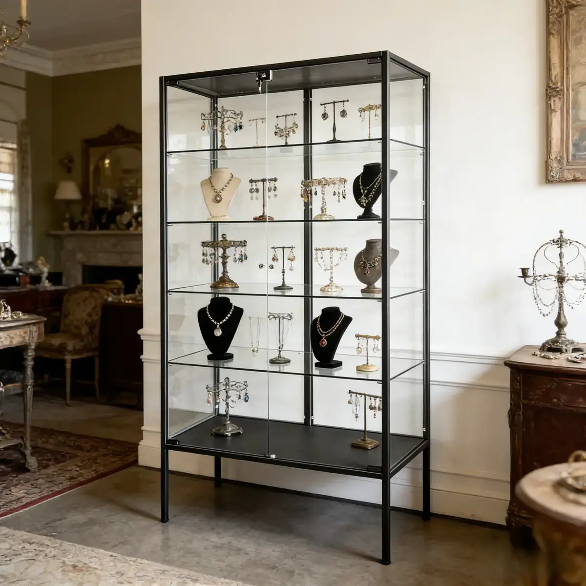 Vitrine d'exposition métal noir 4 tablettes verre 80 x 40 x 181 cm – Meuble vitrine - Meuble vitrine exposition magasin - Vitrine Verre & Métal-2