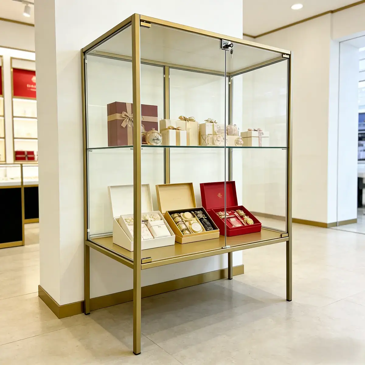 Vitrine d'exposition métal doré 1 tablette verre 80 x 40 x 105 cm – Meuble vitrine - Meuble vitrine exposition magasin - Vitrine Verre & Métal-2