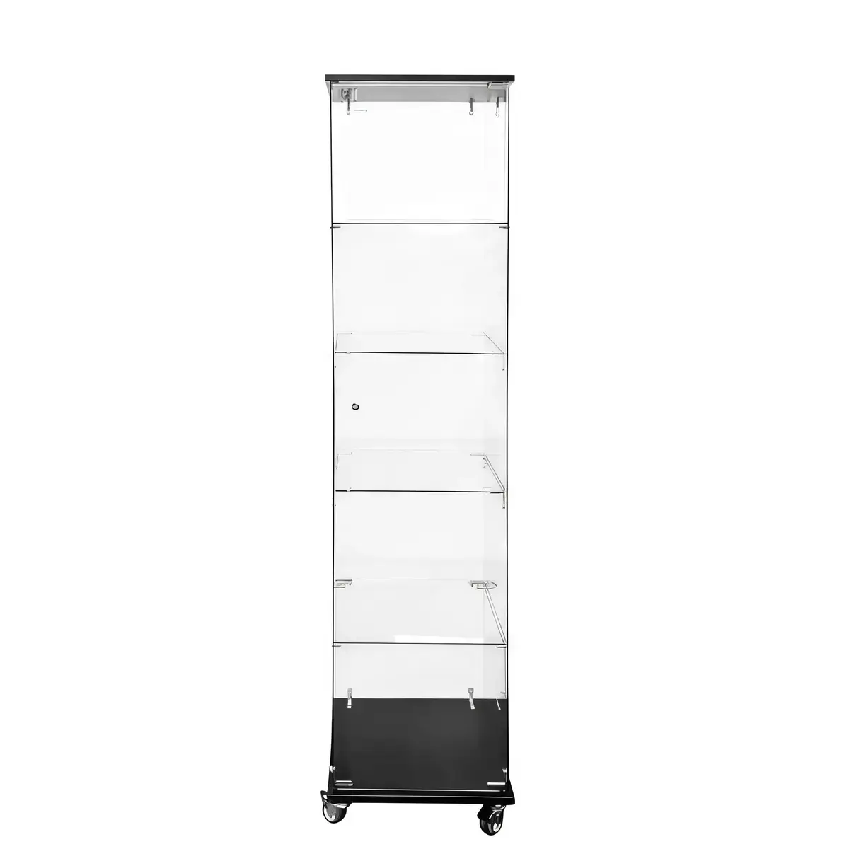 Vitrine colonne bois noir 4 tablettes verre sur roulettes 40 x 40 x 181 cm – Vitrine d’exposition - Vitrine exposition magasin - Vitrines Verre & Bois