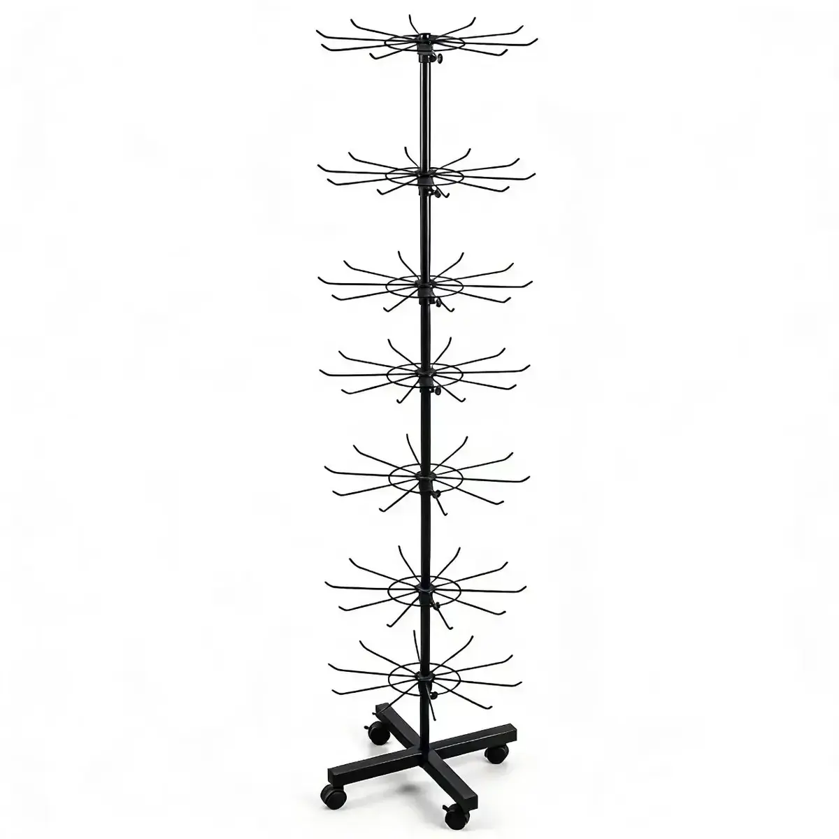Présentoir tourniquet rotatif métal noir 7 étages ø 42 x 160 cm – Support boutique sur roulettes - Présentoirs à bijoux multifonction