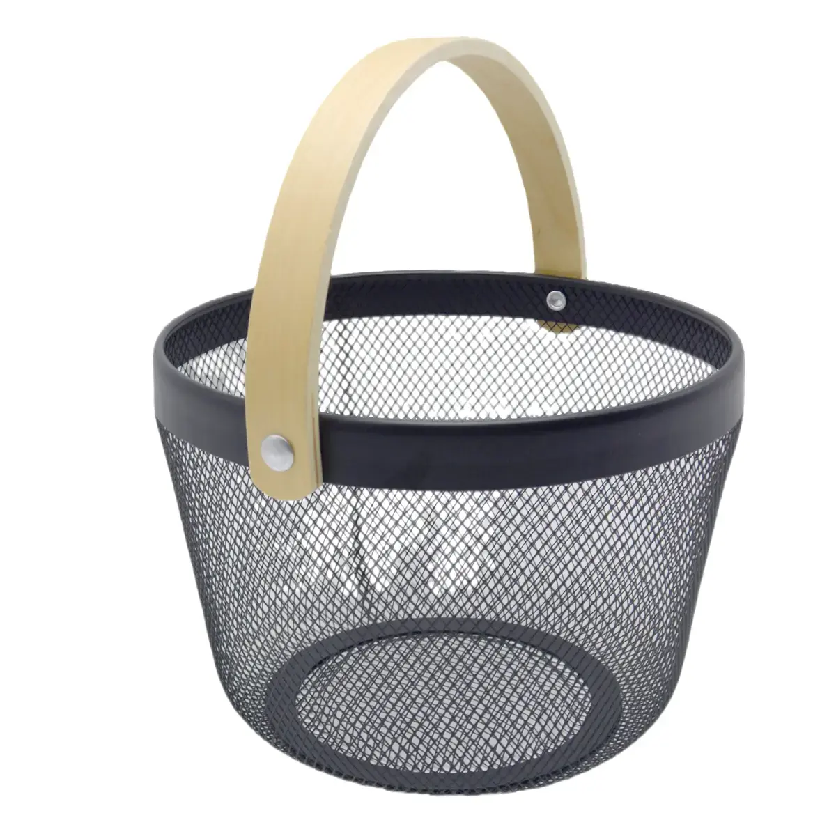 Panier métal mesh rond avec anse bois 8 litres ø 25,5 x H 18 cm - Panier libre service - Noir - Paniers magasin