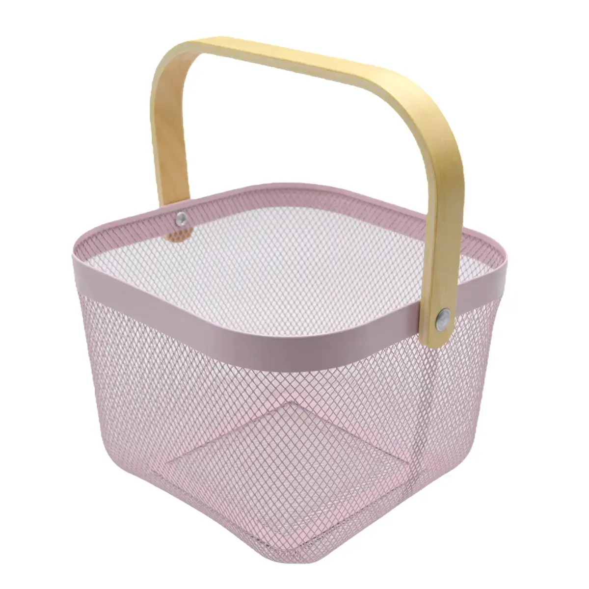 Panier métal mesh carré avec anse bois 8 litres 24,5 x 24,5 x 18 cm - Panier libre service - Rose - Paniers magasin