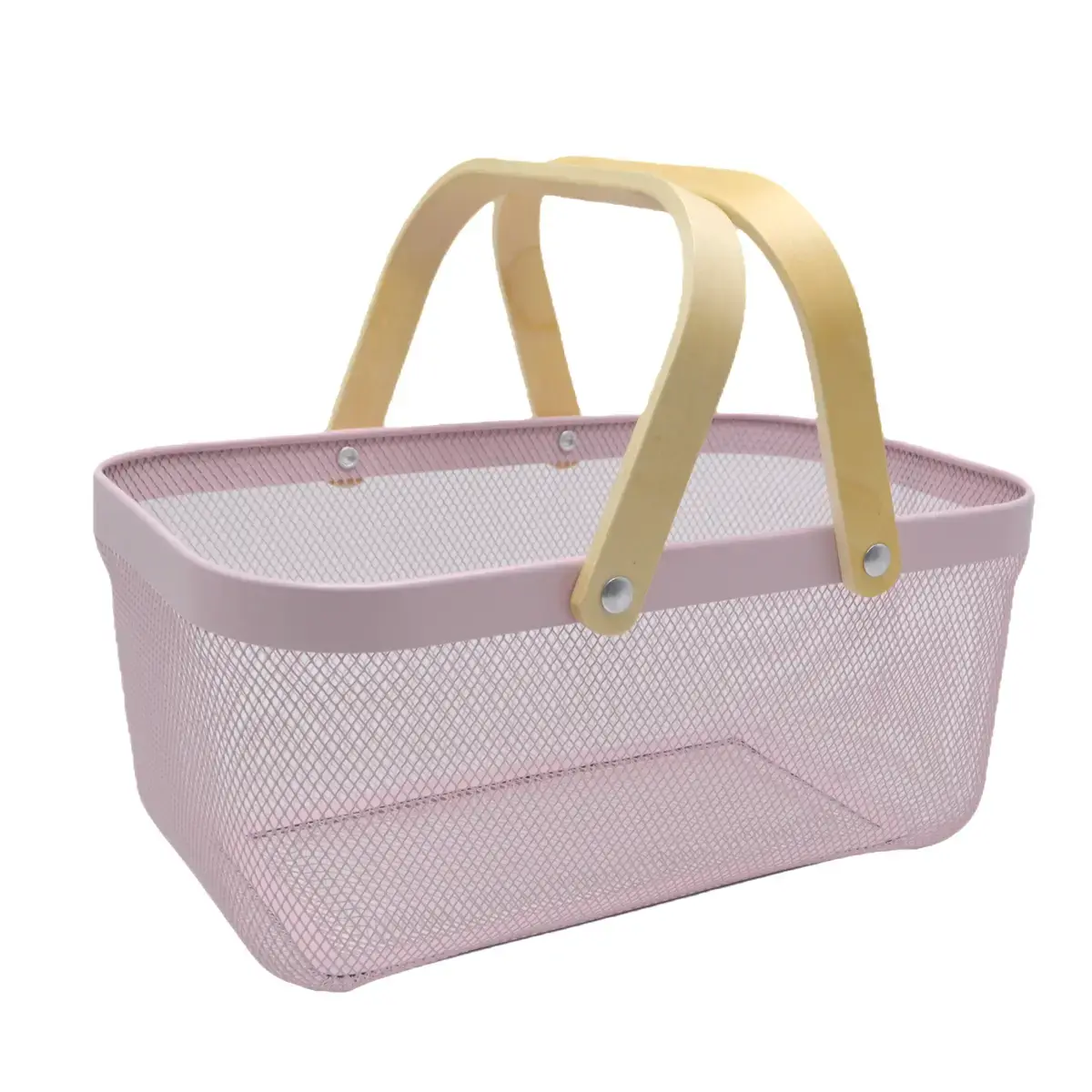 Panier métal mesh rectangle avec anse bois 13 litres 39,7 x 24,5 x 18 cm - Panier libre service - Rose - Paniers magasin