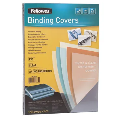 Couverture pour reliure A4 PVC 20/100e Fellowes - Plat pour relier - Transparent - Paquet de 100 - Relieuses perforeuses, Baguettes reliures, Couvertures reliures