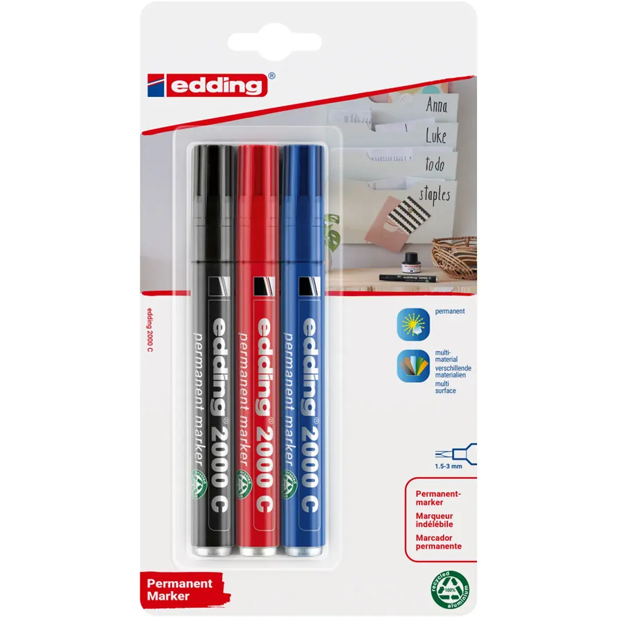Marqueurs permanents Edding e-2000C Alu Recyclé - Pointe ogive 1,5-3 mm - Noir / Bleu / Rouge - Lot de 3 - Marqueurs, Feutres craies-2