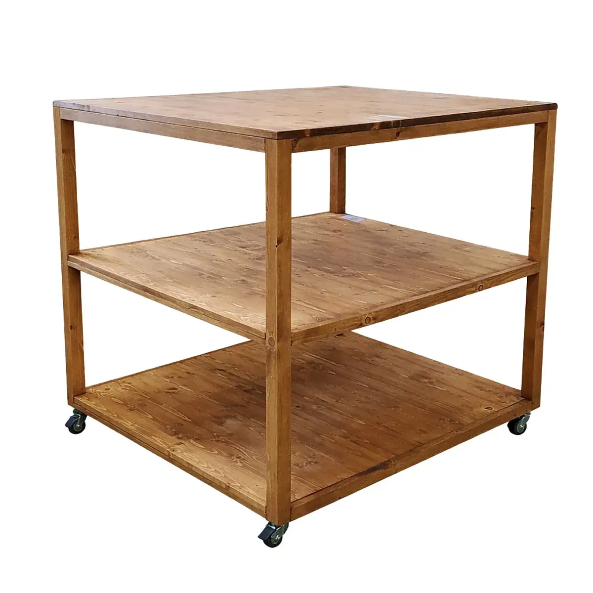Table de présentation bois massif 3 niveaux sur roulettes 100x100x100cm – Présentoir central étagère de présentation - Ligne Authentique-2