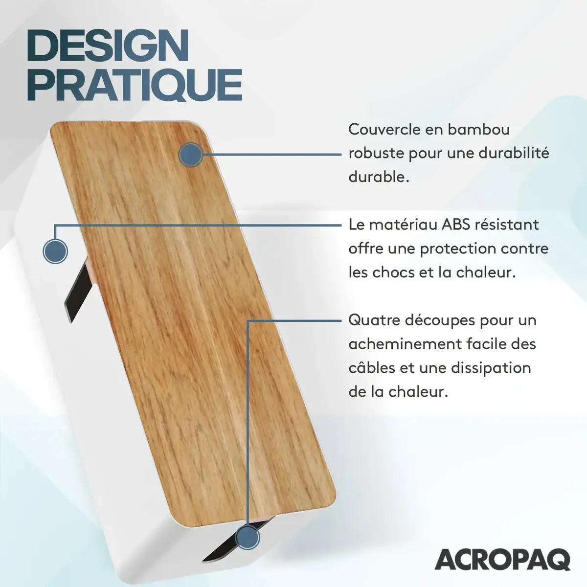 Boîte de rangement pour câbles 30 x 12 x 11,5 cm blanche couvercle bambou – Boite cache multiprise - Boite cache câbles - Prises, Rallonges et Organisateurs de câbles-4