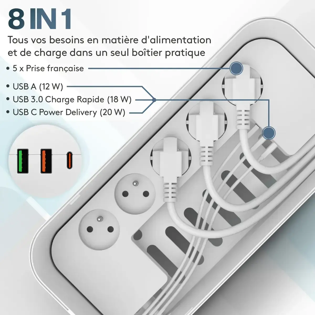 Boîte cache câble avec multiprise 5 prises AC avec USB-C, QC3 et USB-A – Cache multiprise - Prises, Rallonges et Organisateurs de câbles-4