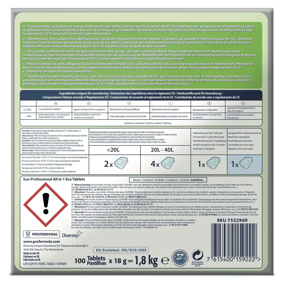 Tablette lave-vaisselle tout en 1 Sun Professionnel Pro Formula - Pastille lave-vaisselle - Paquet de 100 - Produits vaisselle, Nettoyants lave-vaisselle-5