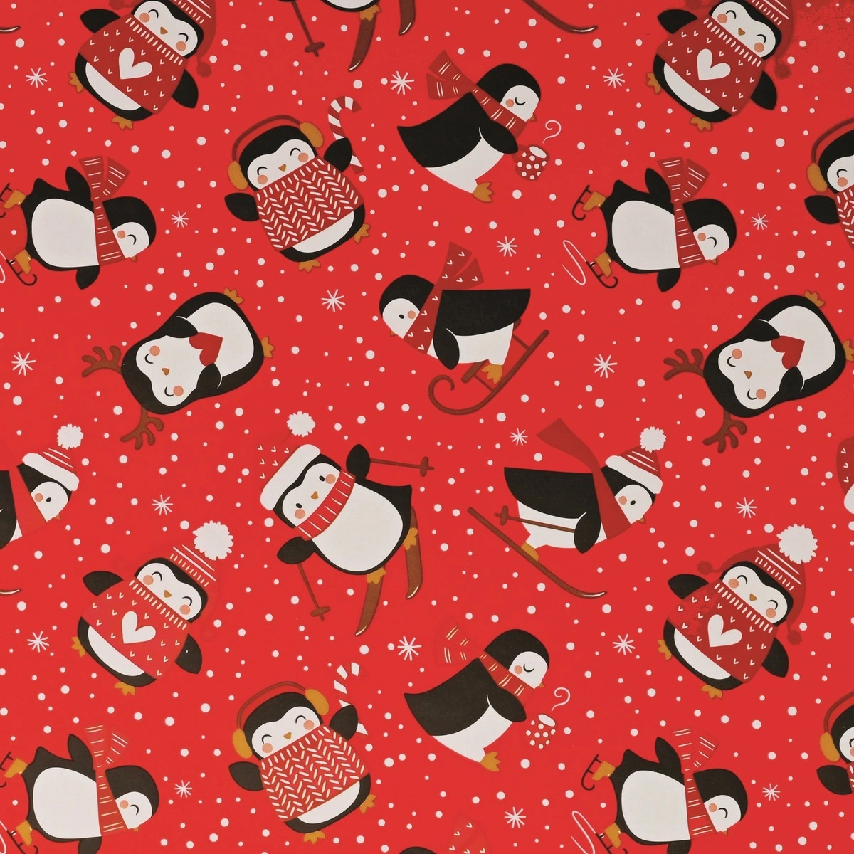 Papier cadeau Pingouins de Noël sur fond Rouge 70 cm x 50 m - Papier cadeau enfant - Papier cadeau pro - Papiers cadeaux enfants