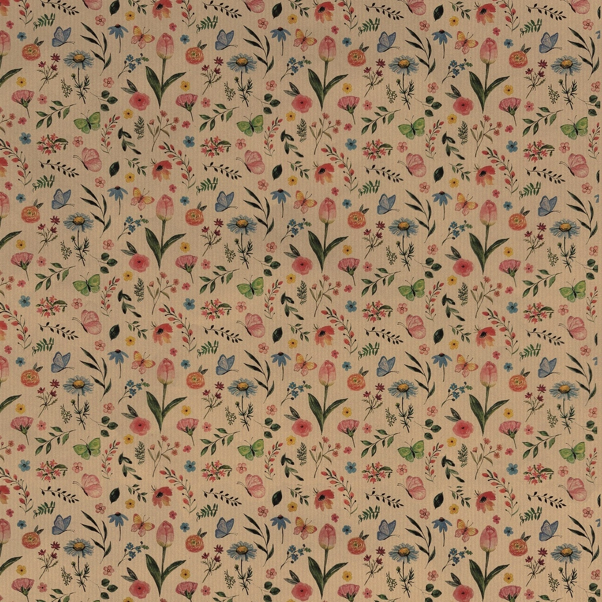 Papier cadeau kraft motif floral retro naturel – Papier cadeau pro - Rouleau de 70 cm x 50 m - Papiers cadeaux kraft à motifs