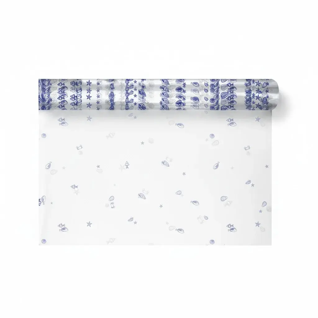 Film polypropylène transparent / bleu imprimé marin Calypso 80 cm x 120 m – Film fleuriste imprimé - Films polypropylène à motifs