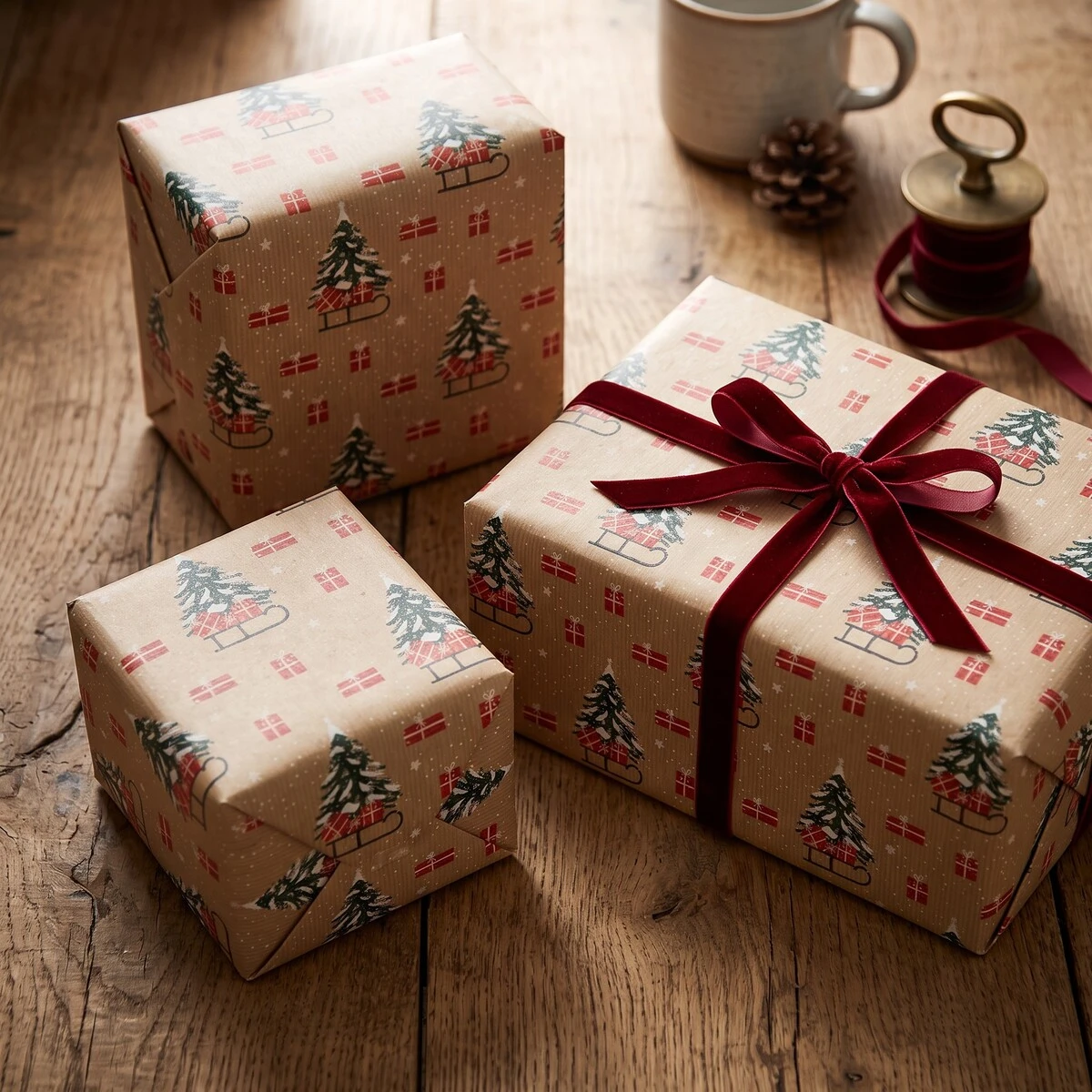 Papier cadeau Noël kraft brun Pinora motif sapin et luge 69 cm x 50 m - Papier cadeau pro - Papiers cadeaux kraft à motifs-2