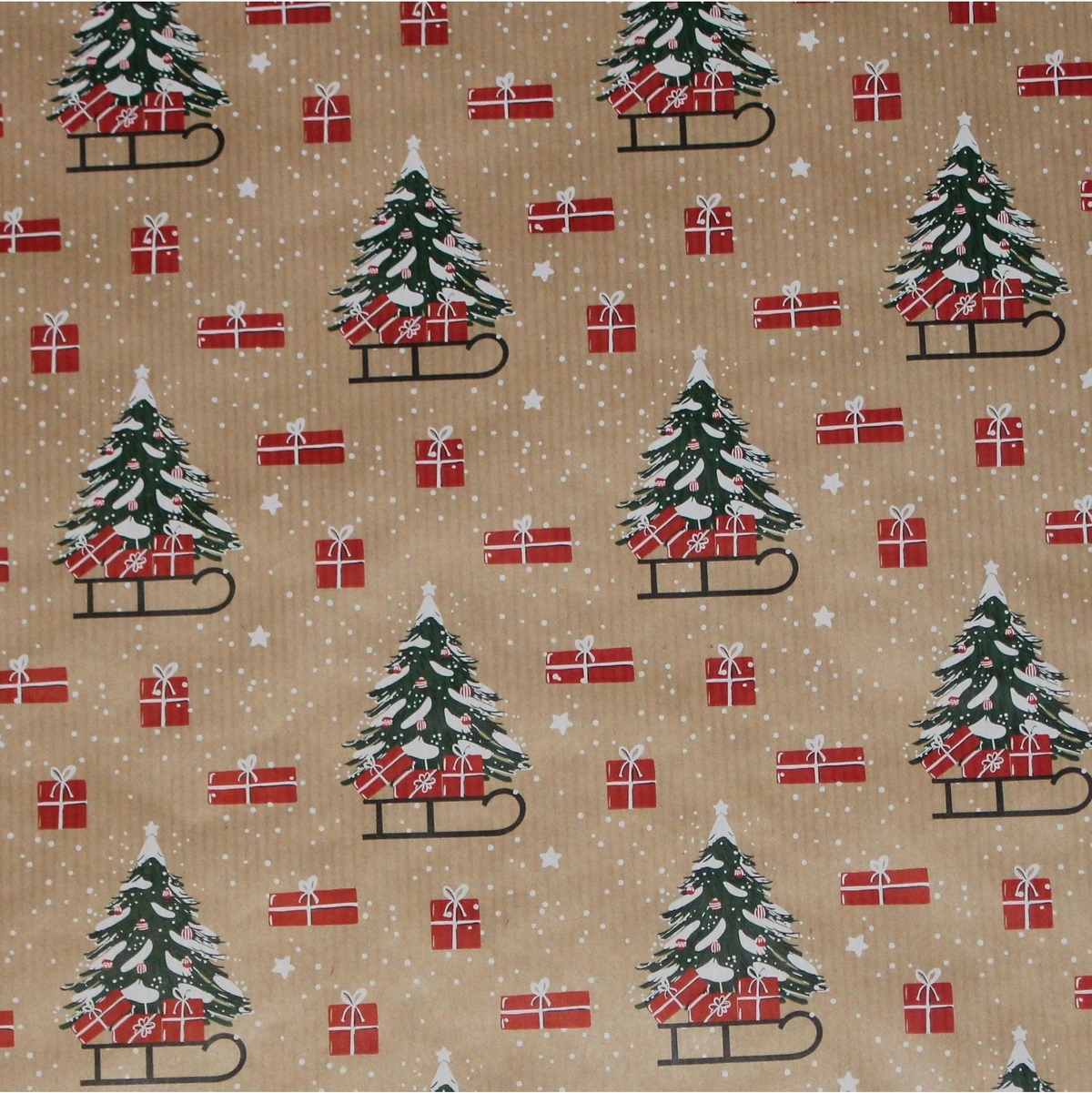 Papier cadeau Noël kraft brun Pinora motif sapin et luge 69 cm x 50 m - Papier cadeau pro - Papiers cadeaux kraft à motifs