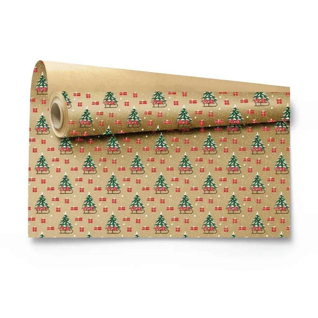 Papier cadeau Noël kraft brun Pinora motif sapin et luge 69 cm x 50 m - Papier cadeau pro - Papiers cadeaux kraft à motifs-3