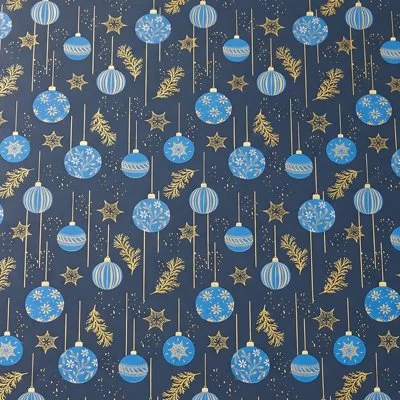 Papier cadeau Bellune boules de Noël, étoiles et sapins Or sur fond bleu 69 cm x 50 m - Papier cadeau Noël - Papier cadeau pro - Papier cadeaux couchés à motifs