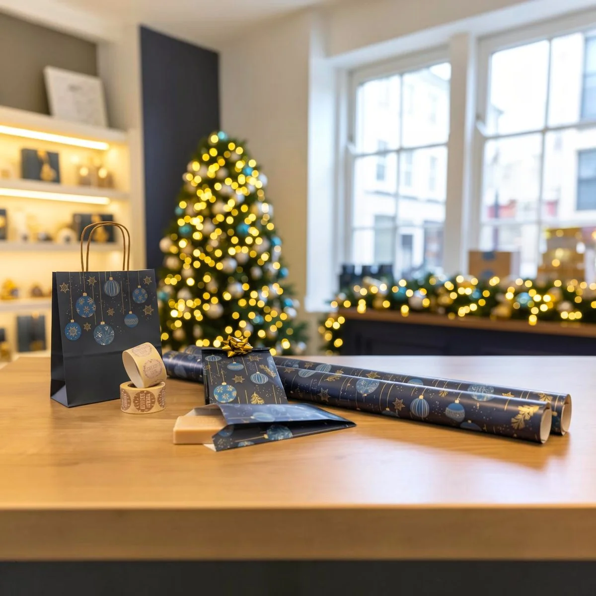 Papier cadeau Bellune boules de Noël, étoiles et sapins Or sur fond bleu 69 cm x 50 m - Papier cadeau Noël - Papier cadeau pro - Papier cadeaux couchés à motifs-2