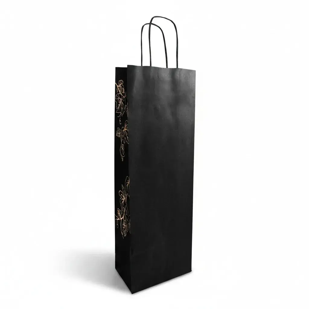 Sac kraft noir Vignes poignées torsadées 14+8x39cm 100g/m² - paquet de 50 - Sacs pour bouteilles de vin