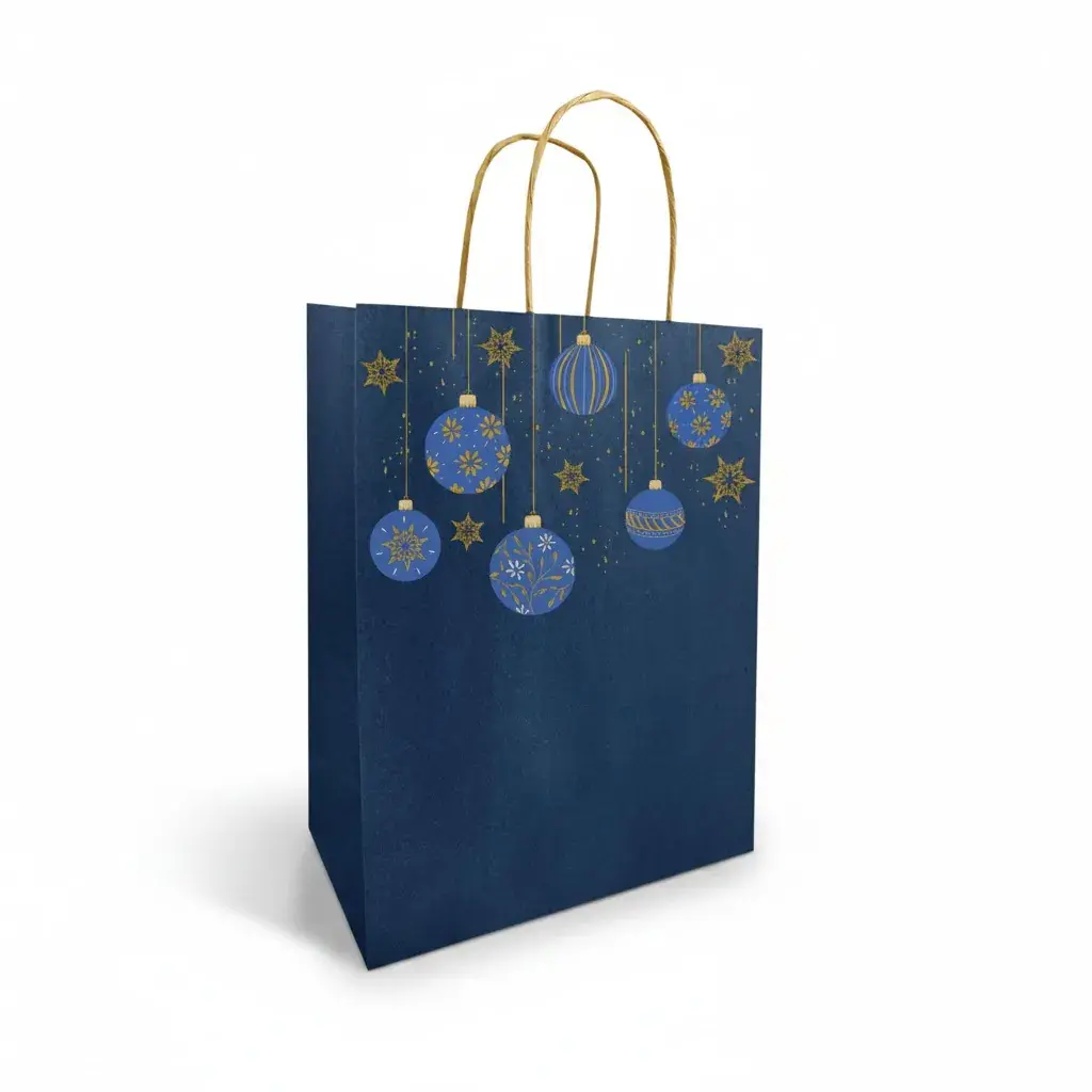 Sac kraft Noël poignées torsadées Bleu / Or 23 x 12 x 30 cm - Sac cadeau Noël - Paquet de 50 - Sacs kraft à motifs