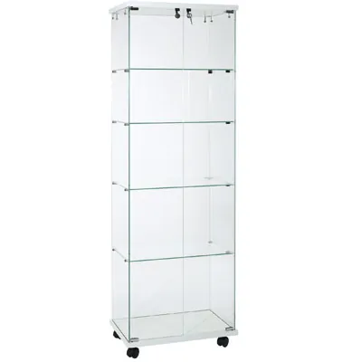 Vitrine colonne verre trempé socle blanc 4 tablettes 60 x 40 x 180 cm sur roulettes – Vitrine d’exposition - Vitrine exposition magasin - Vitrines Bois