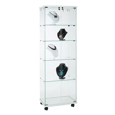 Vitrine colonne verre trempé socle blanc 4 tablettes 60 x 40 x 180 cm sur roulettes – Vitrine d’exposition - Vitrine exposition magasin - Vitrines Bois-2