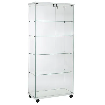 Vitrine colonne verre trempé socle blanc 4 tablettes 80 x 40 x 180 cm sur roulettes – Vitrine d’exposition - Vitrine exposition magasin - Vitrines Bois