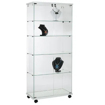 Vitrine colonne verre trempé socle blanc 4 tablettes 80 x 40 x 180 cm sur roulettes – Vitrine d’exposition - Vitrine exposition magasin - Vitrines Bois-2