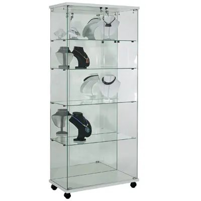 Vitrine colonne en verre trempé 4 tablettes avec fond miroir sur roulettes 80 x 40 x 180 cm - Vitrine d’exposition - Vitrines Bois