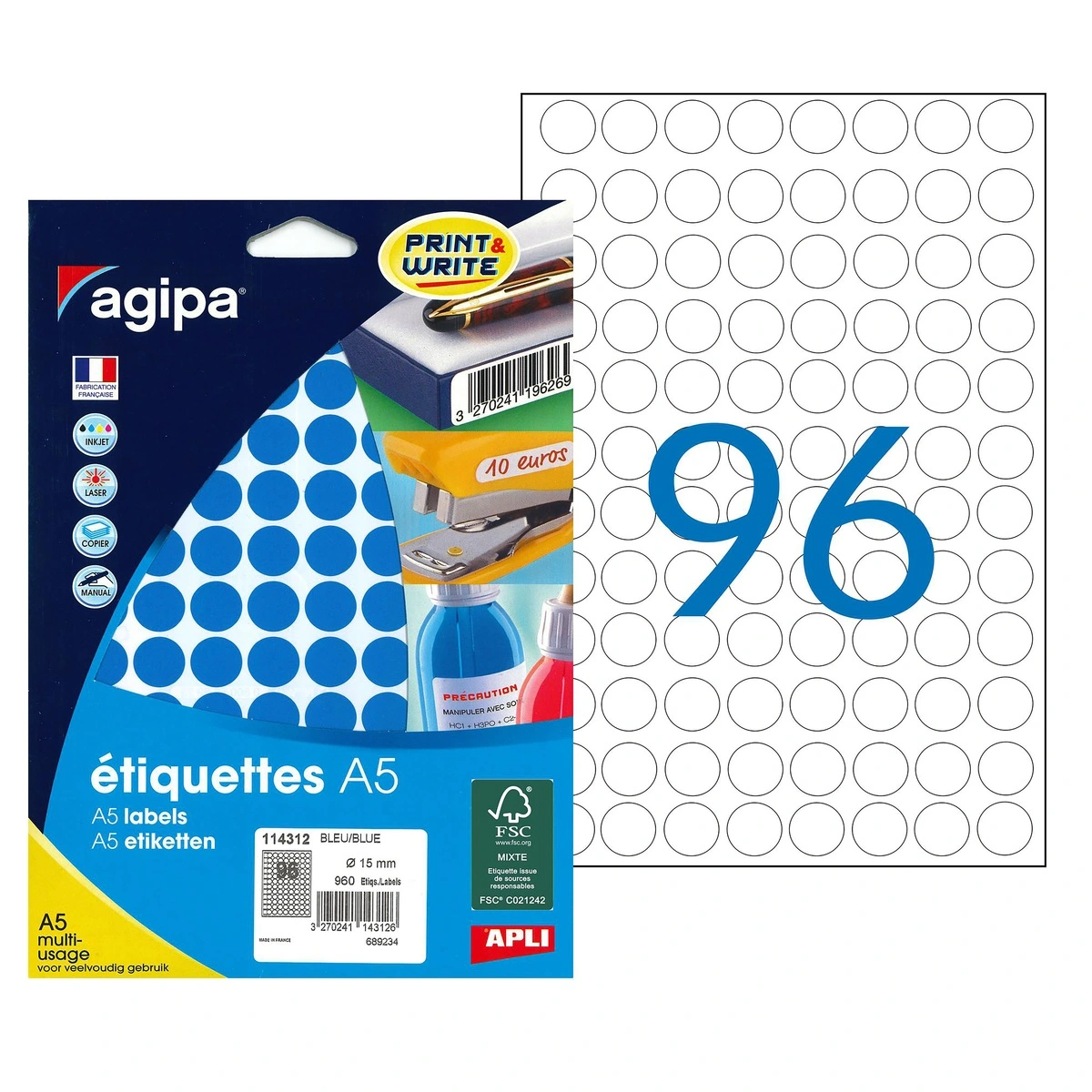 Pastille adhésive permanente Bleue ø 15 mm Agipa - Pastille de signalisation - Étui de 960 - Gommettes de couleur-2