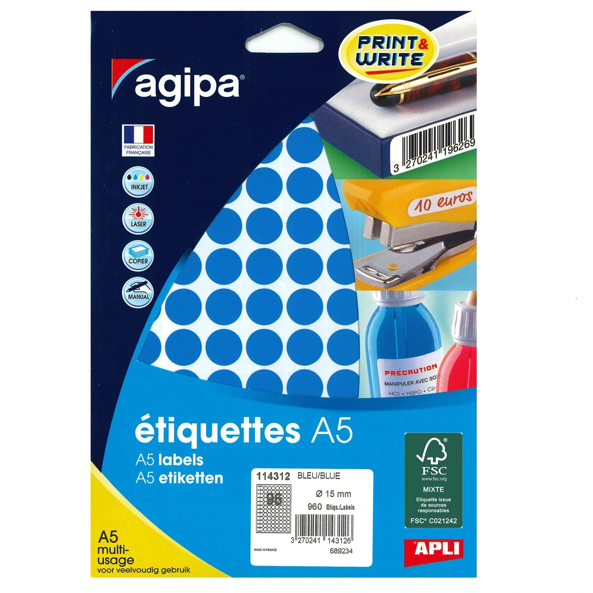 Pastille adhésive permanente Bleue ø 15 mm Agipa - Pastille de signalisation - Étui de 960 - Gommettes de couleur