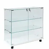 Vitrine comptoir en verre trempé socle blanc 2 tablettes 80 x 40 x 90 cm sur roulettes - Vitrine d’exposition - Vitrines Bois