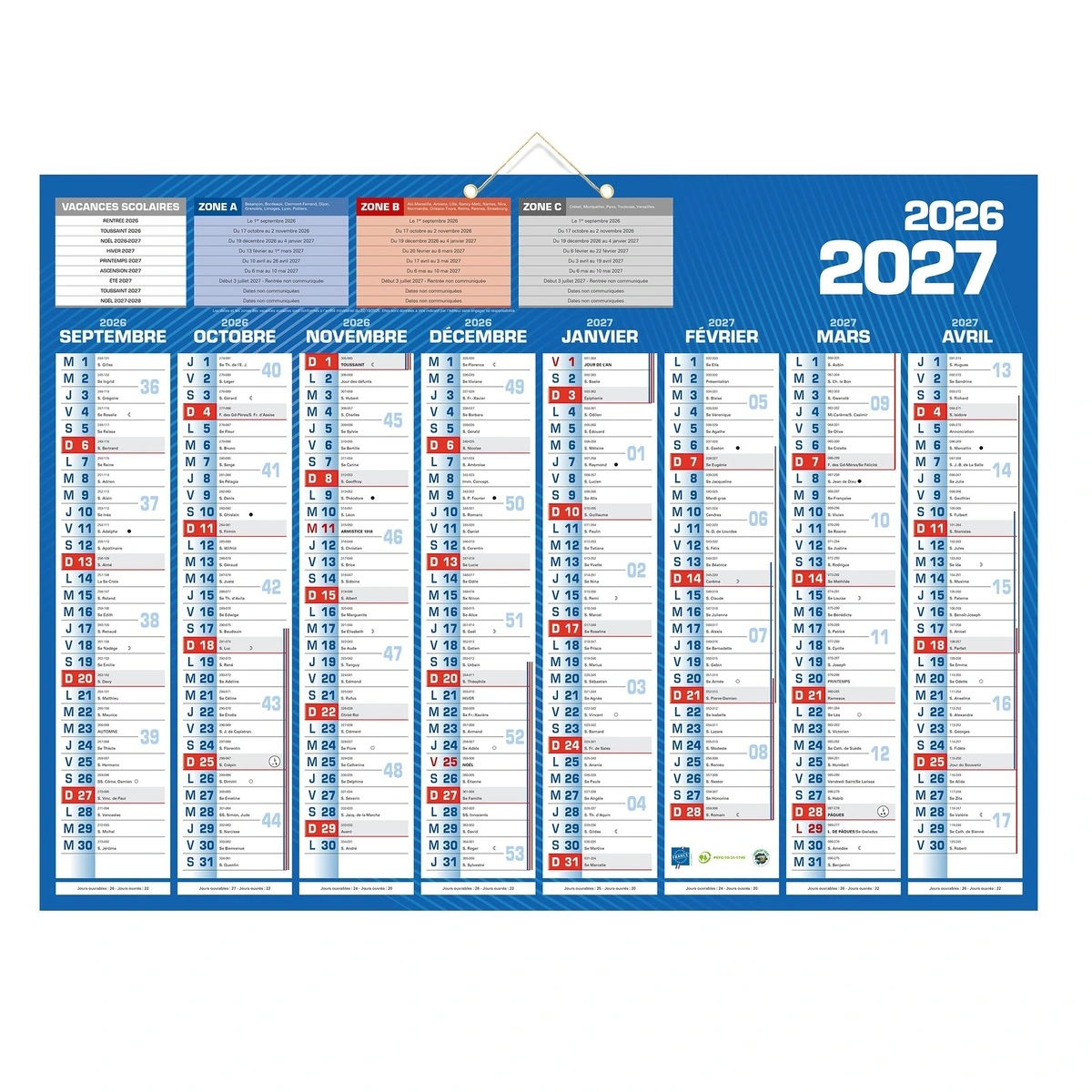 Calendrier classique 16 mois format 40,5 x 55 cm 2026‑2027 - Calendriers professionnels
