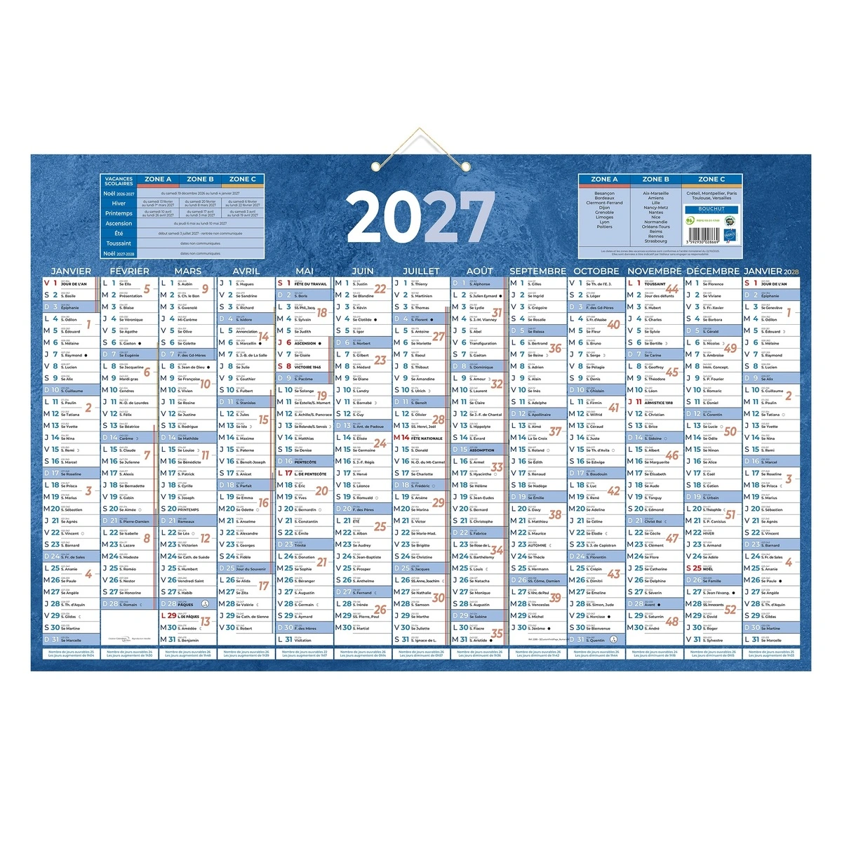 Calendrier carton 2027 bleu – Format mural 43 x 65 cm - Calendriers professionnels