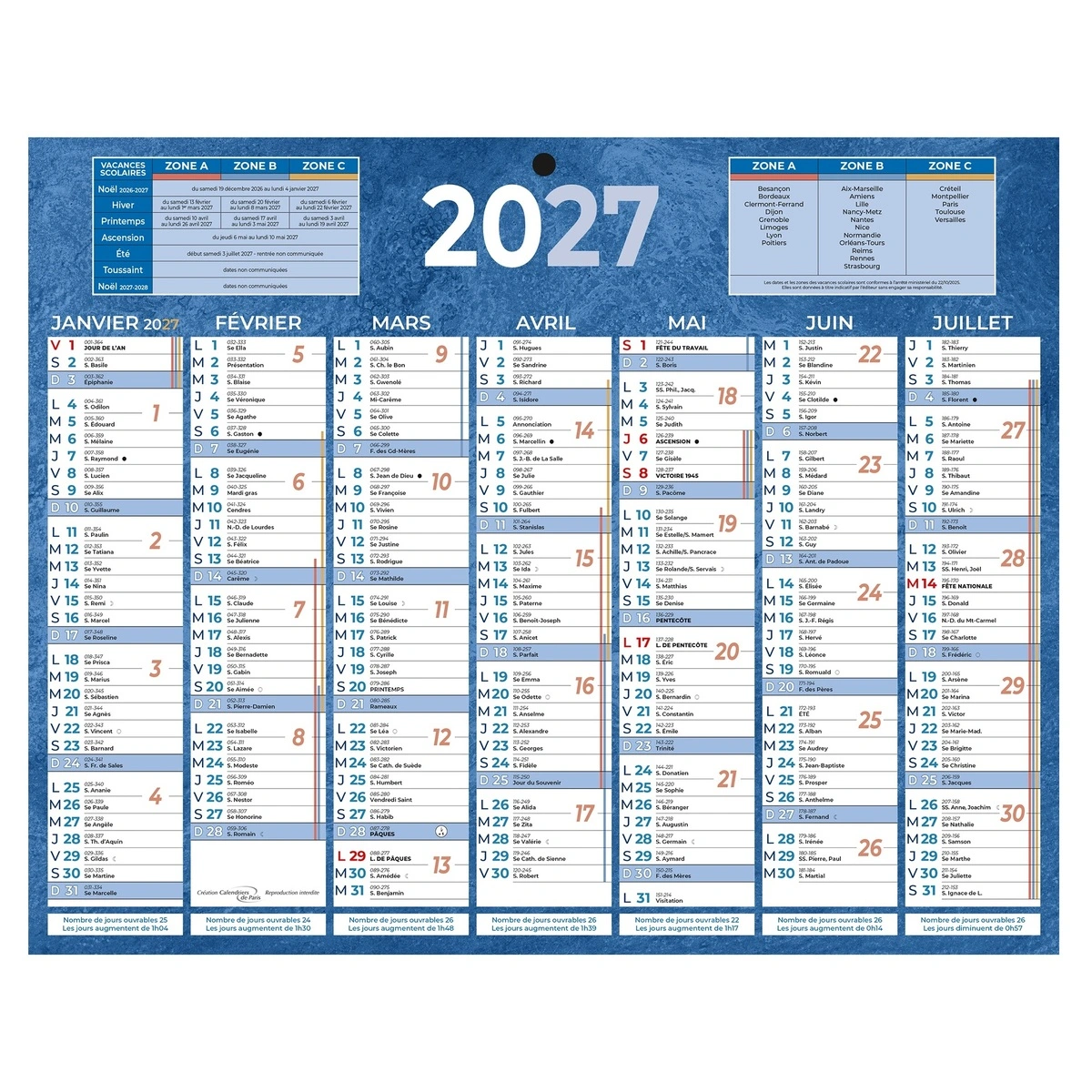 Calendrier 2027 carton rigide bleu – Format mural 21 x 26,5 cm - Calendriers professionnels