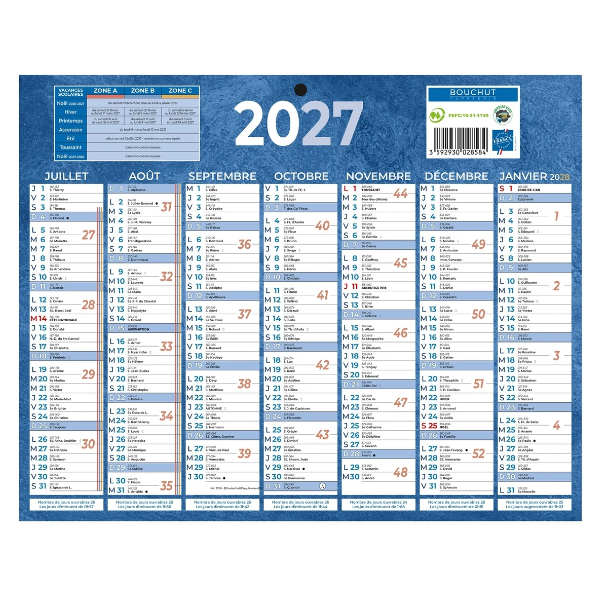 Calendrier 2027 carton rigide bleu – Format mural 21 x 26,5 cm - Calendriers professionnels-2