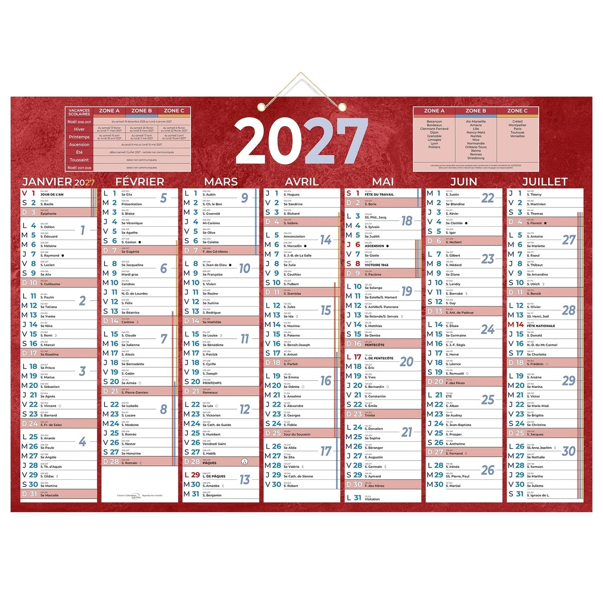 Calendrier 2027 carton rigide rouge – Format mural 38,5 x 54 cm - Calendriers professionnels