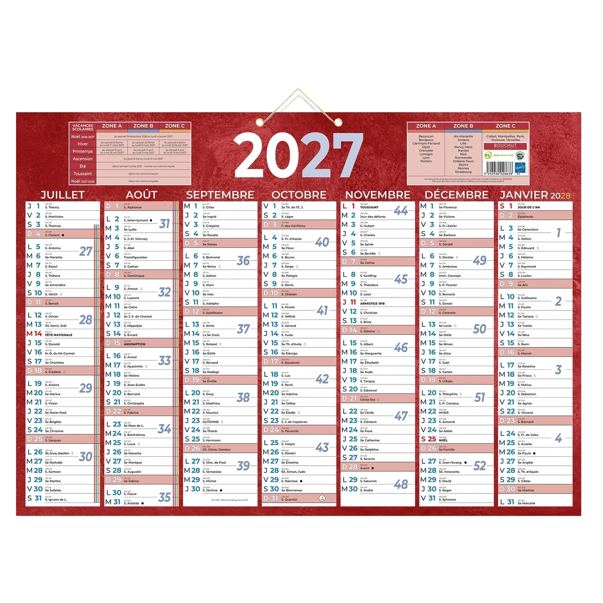 Calendrier 2027 carton rigide rouge – Format mural 38,5 x 54 cm - Calendriers professionnels-2