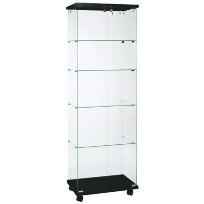 Vitrine colonne en verre trempé socle noir 4 tablettes 60 x 40 x 180 cm sur roulettes - Vitrine d’exposition - Vitrines Bois