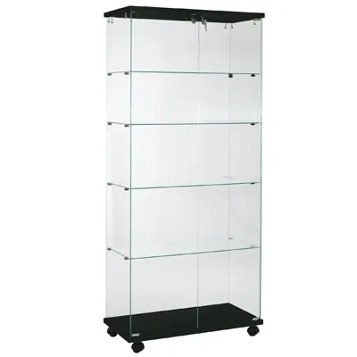 Vitrine d'exposition socle noir 4 tablettes verre sur roulettes 80 x 40 x 180 cm – Meuble vitrine - Meuble vitrine exposition magasin - Vitrines Verre & Bois